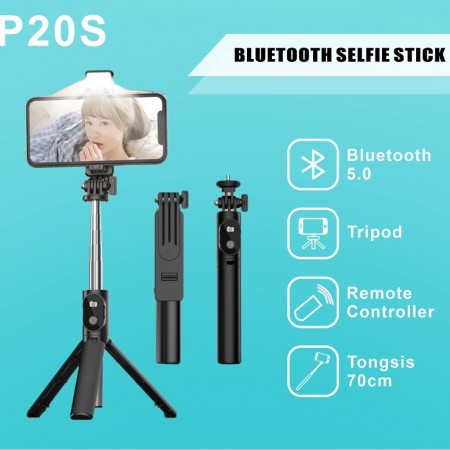 P20S Wireless  Selfie Stick With Light 2.5ft Long Rotation Remote Tripod