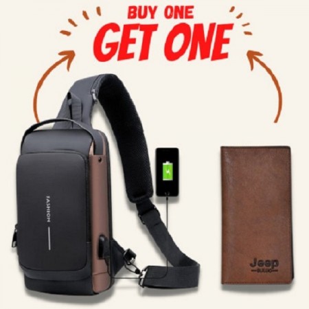 (মানিব্যাগ ফ্রি) BROWN USB charging port sling Anti-theft shoulder bag - Moneybag Free